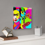 Frida POP ART Vierkante Klok<br><div class="desc">"Frida Lives" met een kleurrijk kunstportret van de pop Frida Kahlo - Square Wall Clock,  POP ART stijl door O.M.-design</div>
