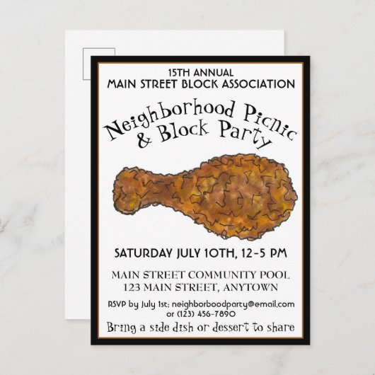 Fried Chicken Leg Picnic Cookout Block Uitnodiging Briefkaart (Voorkant / Achterkant)