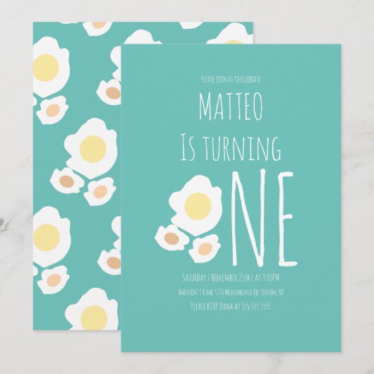 Fried Egg First Birthday Invitation Kaart (Voorkant / Achterkant)