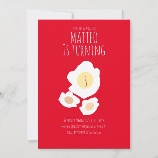 Fried Egg Turning Three Birthday Invitation Kaart (Voorkant)