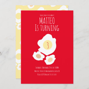 Fried Egg Turning Three Birthday Invitation Kaart