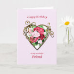 Friend Birthday Antiek Rozen met schilderijen Kaart<br><div class="desc">Een romantische verjaardagskaart. Een schilderij van rozen wordt omgevormd door een uitgekiend gouden hart. Geef je vriend een verjaardagsgroet met een mooi schilderij van een boeket rozen.</div>