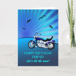 Friend Birthday Motorbike Kaart<br><div class="desc">Fijne verjaardagskaart met een motor. Een perfecte kaart voor een fietser. Een blauwe motorfiets met een gestileerde zonsondergang en vliegende vogels. Elke fietsenliefhebber zal graag zo'n kaart krijgen.</div>