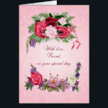 Friend Birthday Prachtige Rozen<br><div class="desc">Deze verjaardagskaart voor een vriend heeft mooie rozen in volle bloei. De roze achtergrond heeft bleke roze rozen die doorzien. Een prachtige,  traditionele verjaardagskaart die echt vreugde zal geven.</div>