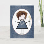 Friend Birthday Stick Figuur Girl met Daisies Kaart<br><div class="desc">Kute stick figuur meisje met haar,  sneakers,  blauwe denim jurk,  parelachtig ketting en daisy bouquet op blauwe denim achtergrond.</div>