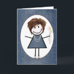 Friend Birthday Stick Figuur Girl met Daisies Kaart<br><div class="desc">Kute stick figuur meisje met haar,  sneakers,  blauwe denim jurk,  parelachtig ketting en daisy bouquet op blauwe denim achtergrond.</div>