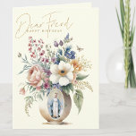 FRIEND Gelukkige Verjaardag Bloemrijke Religieuze Bedankkaart<br><div class="desc">Met een religieuze verjaardagskaart voor een lieve vriend met prachtige bloemen in een vaas en een traditioneel katholiek beeld van de Heilige Maagd Maria,  Onze Lieve Vrouw van Genade.  Een Bijbelvers staat binnenin bij de bloemen en rozenkrans. Alle tekst en lettertypen kunnen worden aangepast.</div>