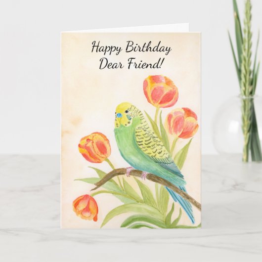 Friend Happy Birthday Parakeet with Tulips Kaart (Voorkant)