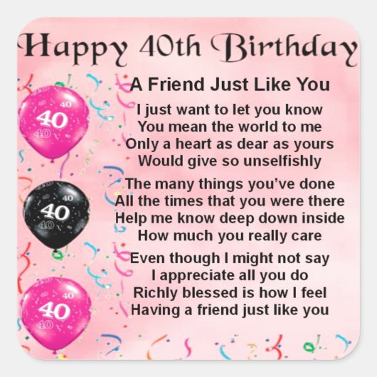 Friend Poem - 40e verjaardag Vierkante Sticker (Voorkant)