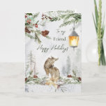 Friend Winter Woodland Scene Wolf Wenskaart Kaart<br><div class="desc">Een prachtige Woodland Winter kaart voor je vriend. In dit ontwerp is een waterverf afgebeeld van een wijnbos met wolf. Je kunt deze kaart gebruiken voor elke wintervakantie,  alleen om je te herinneren of je te bedanken</div>