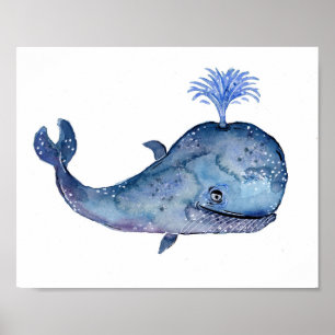 Friendly Blue Whale Waterverf Poster