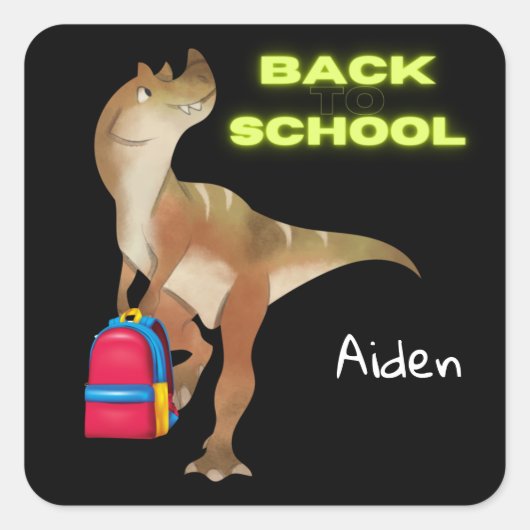 Friendly Dinosaur met rugzak "Terug naar school" Vierkante Sticker (Voorkant)