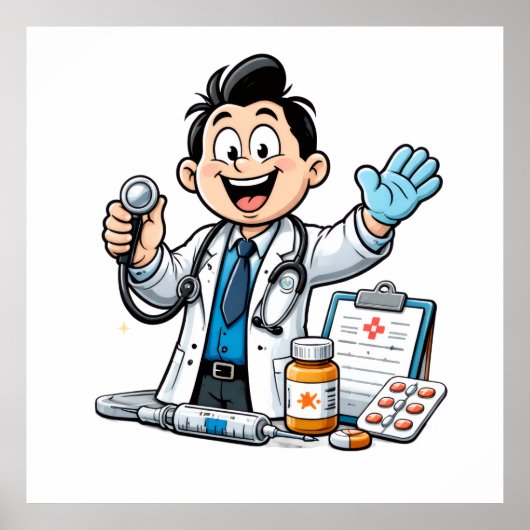 Friendly Doctor Mascot Medical Cartoon Design Poster (Voorkant)