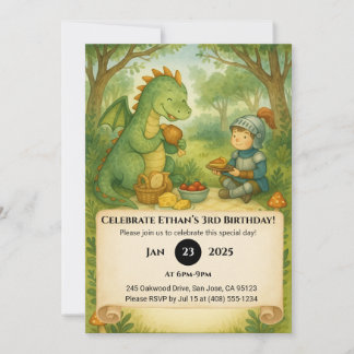 Friendly Dragon and Little Knight Picnic Birthday Kaart