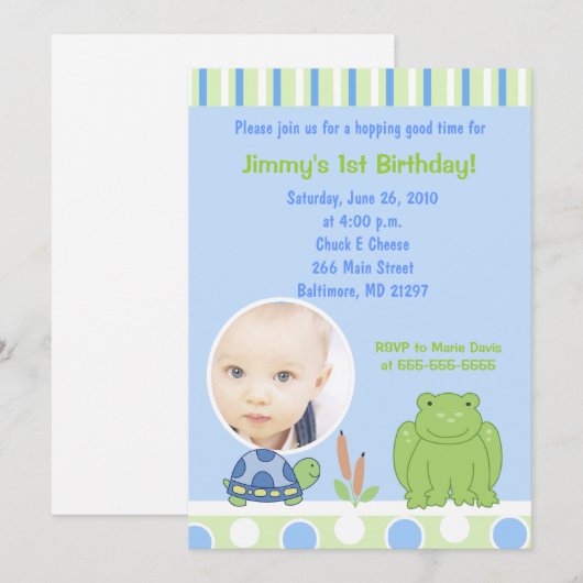 Friendly Frog & Turtle Photo Birthday Invitation Kaart (Voorkant / Achterkant)