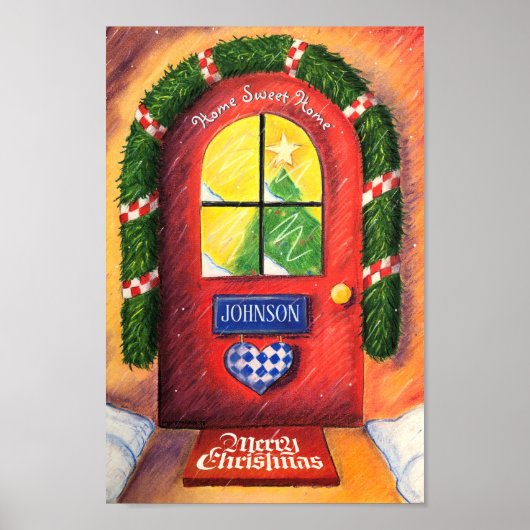Friendly Red Merry kerst voordeur Cozy Home Poster (Voorkant)