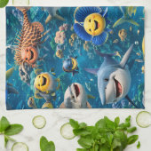 Friendly shark and friends underwater tea towel theedoek (Gevouwen)