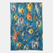 Friendly shark and friends underwater tea towel theedoek (Verticaal)