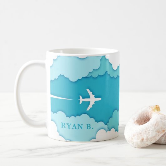 Friendly Skies | Naam of Initialen met luchtvaartt Koffiemok (Met donut)