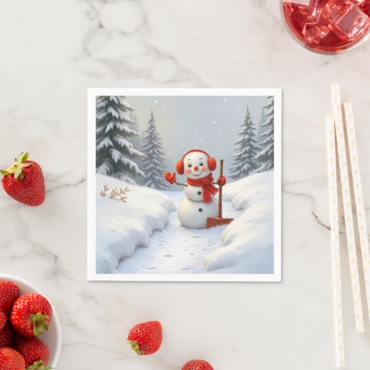 Friendly Snowman with a Red Shovel Servet (Insitu)