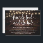 Friends, Food and Alcohol, Rustisch Vrijgezellenfe Kaart<br><div class="desc">Moderne Calligrafie Bridal douchekaart (Vrienden,  Voedsel en Alcohol),  in roesterig donkerhoutskaarlicht,  ontwerp thematisch. Nodig de gasten met deze perfecte Uitnodigingskaart uit. Voeg de gegevens van uw vrijgezellenfeest toe in de bijbehorende formulering.</div>