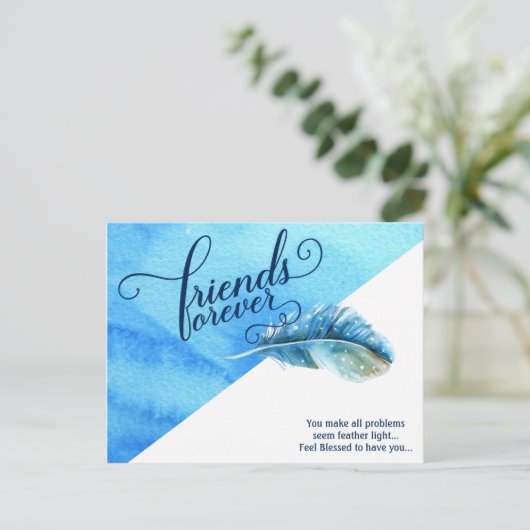 Friends Forever Briefkaart Blue Waterverf Feather (Staand voorkant)