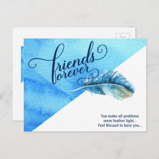 Friends Forever Briefkaart Blue Waterverf Feather (Voorkant / Achterkant)