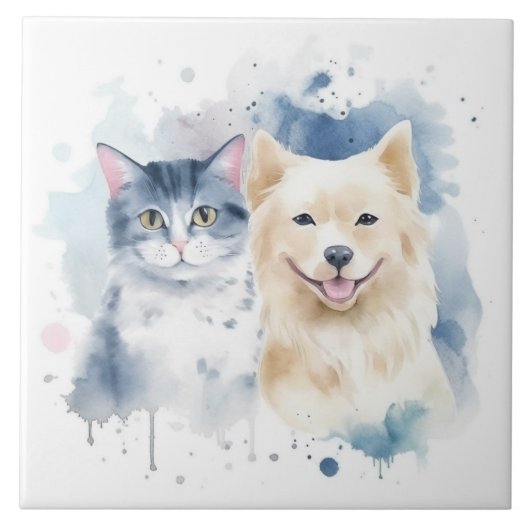 Friends Forever - Dog en Cat Waterverf Art Tegeltje (Voorkant)