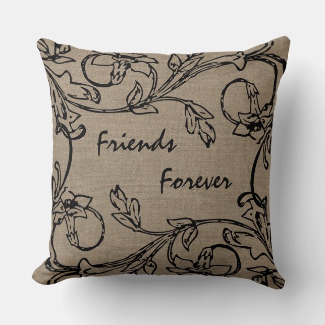 Friends Forever Floral Crewel Work Effect Burlap Kussen (Voorkant)