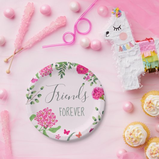 Friends Forever heldere bloemen en vlinders Papieren Bordje (Feest)