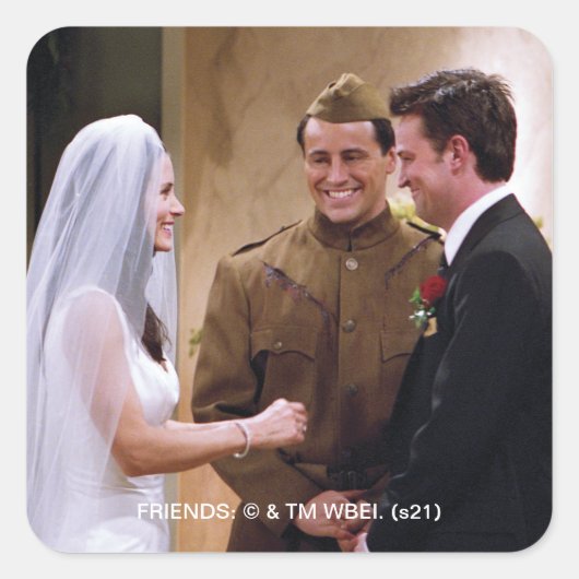 FRIENDS™ | Joey Marries Monica & Chandler Vierkante Sticker (Voorkant)