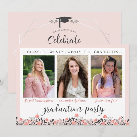 Friends Siblings Graduation Party Blush Floral Kaart (Voorkant / Achterkant)