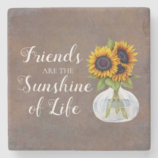 Friends Sunshine Sunflower in Vase Rustic Brown Stenen Onderzetter (Voorkant)