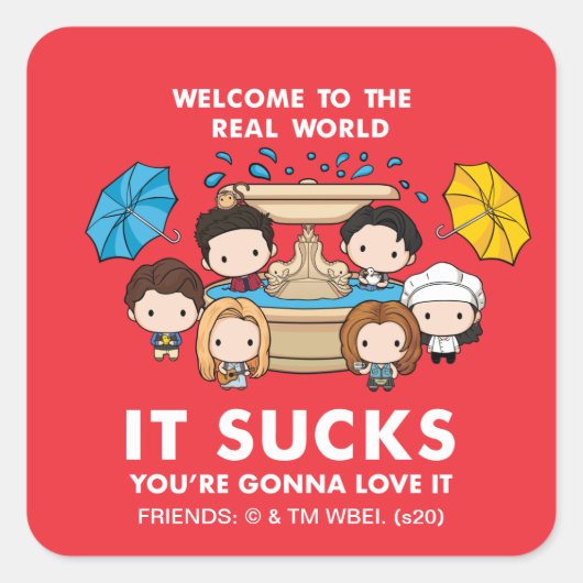 FRIENDS™ | Welkom in de echte wereld Chibi Vierkante Sticker (Voorkant)