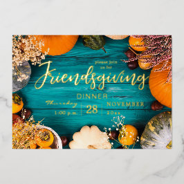 Friendsgiving-avondmaal blauw pompoen folie uitnodiging