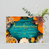 Friendsgiving-avondmaal blauw pompoen folie uitnodiging (Staand Voorkant)