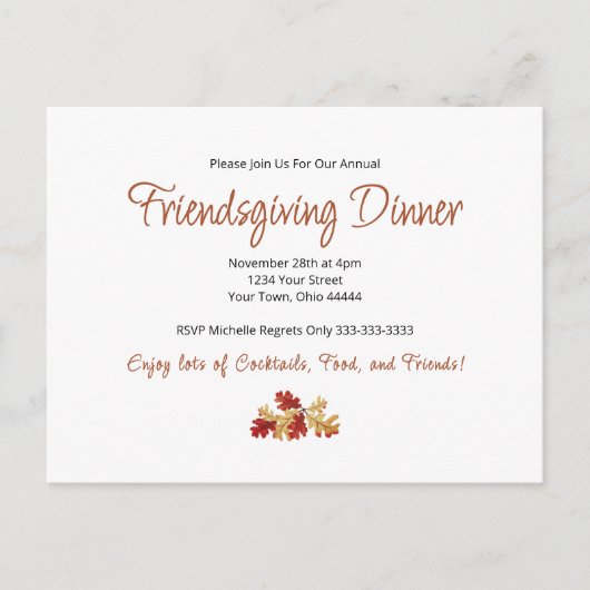 Friendsgiving Diner Elegant Foliage Thanksgiving Uitnodiging Briefkaart (Voorkant)