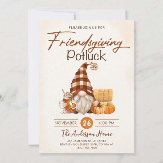Friendsgiving Diner Potluck Gnomen Herfst Pompoen Kaart (Voorkant)