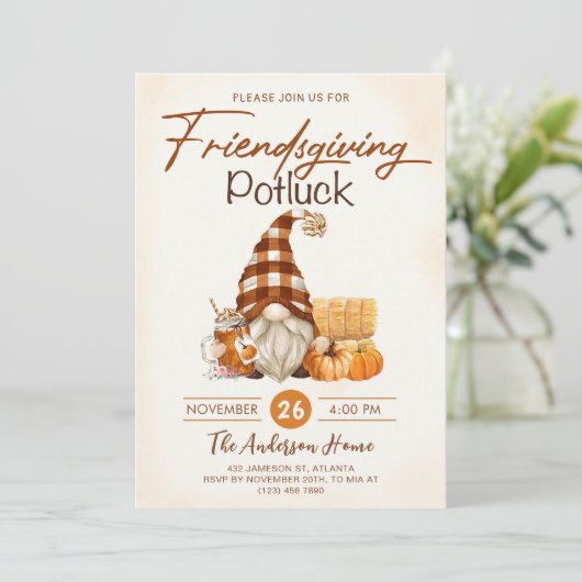Friendsgiving Diner Potluck Gnomen Herfst Pompoen Kaart (Staand voorkant)