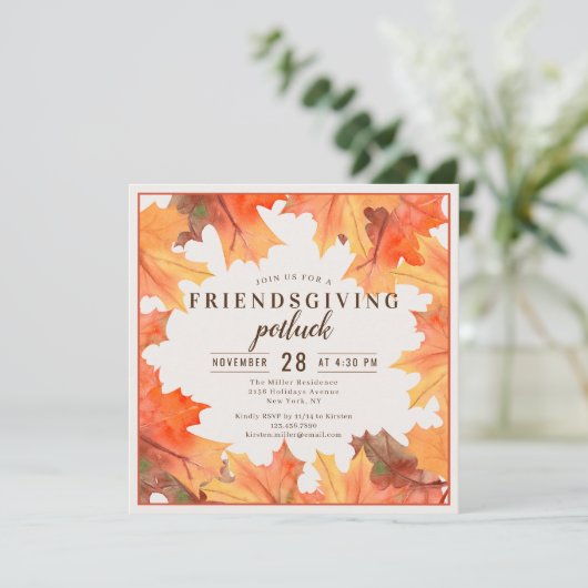 Friendsgiving Diner Potluck Herfstbladeren Kaart (Staand voorkant)