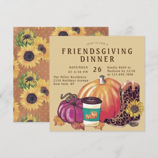 Friendsgiving Diner Zonnebloemen Pompoenlaarzen Kaart (Voorkant / Achterkant)