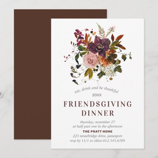Friendsgiving Dinner Burgundy Red Autumn Floral Kaart (Voorkant / Achterkant)