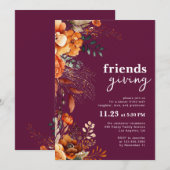 Friendsgiving dinner classy burgundy floral  kaart (Voorkant / Achterkant)