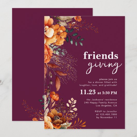 Friendsgiving dinner classy burgundy floral  kaart (Voorkant / Achterkant)