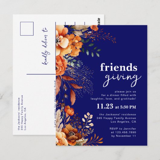 Friendsgiving dinner invitation autumnal floral briefkaart (Voorkant / Achterkant)