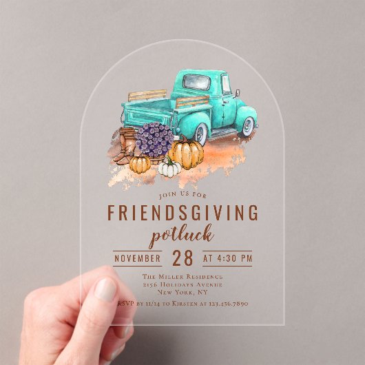 Friendsgiving Dinner Potluck Rustic Boerderij Truc Acryl Uitnodigingen (Insitu (Draagbaar))