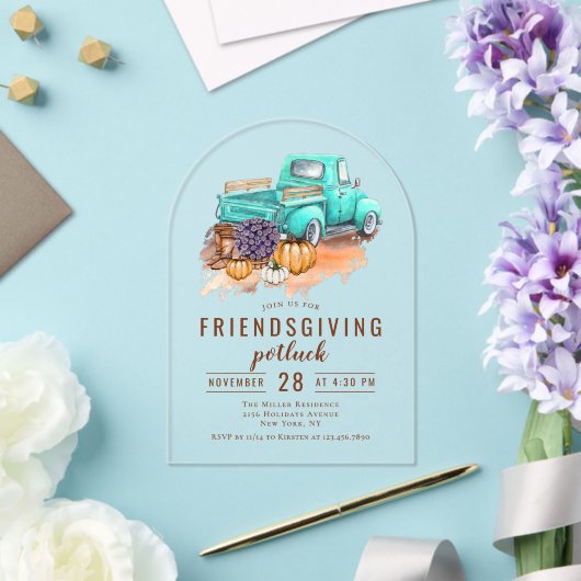 Friendsgiving Dinner Potluck Rustic Boerderij Truc Acryl Uitnodigingen (Insitu (Huwelijk))