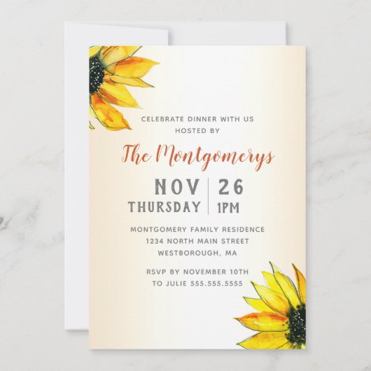 Friendsgiving Dinner Sunflower Floral met pompoene Kaart (Achterkant)