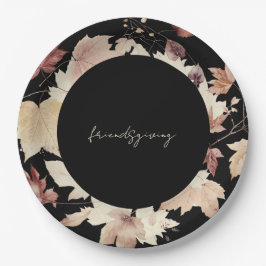 Friendsgiving Fall Leaves Zwart Thanksgiving Papieren Bordje