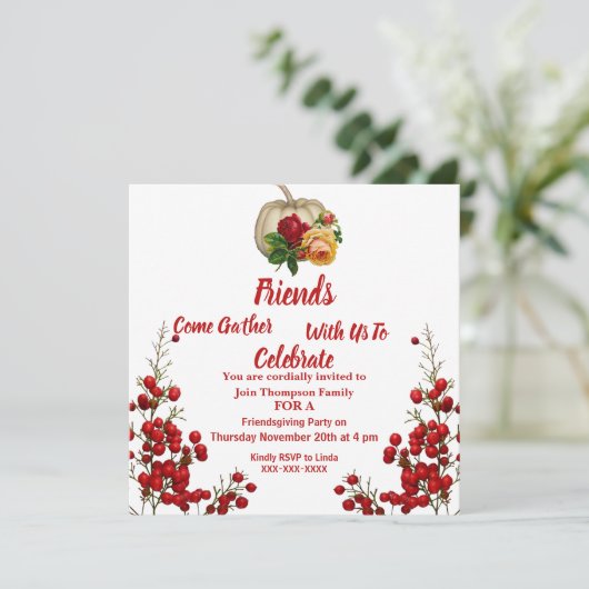 Friendsgiving Herfst Autumn Pumpkin Rozen Red Berr Kaart (Staand voorkant)